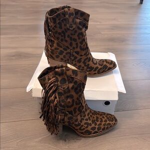 BEAST FASHION Leopard Fringe Ankle Booties NIB